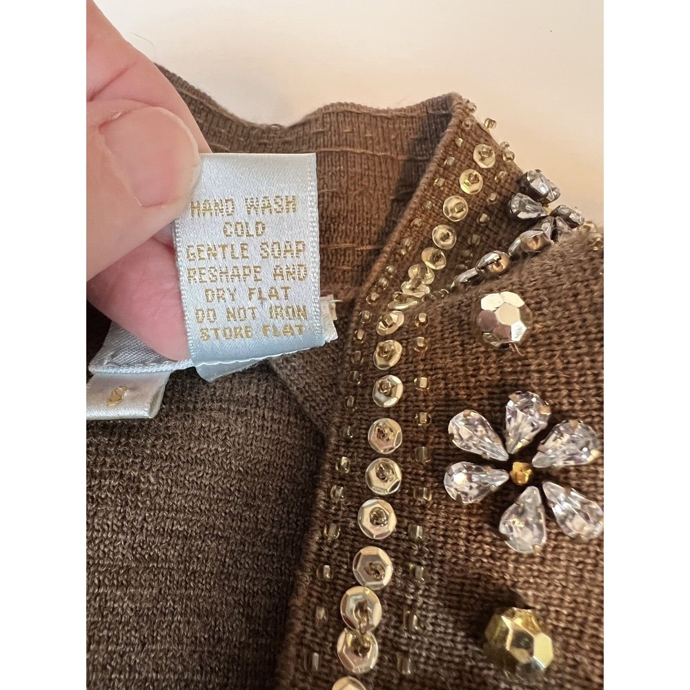 Tracy Reese Beautiful Beaded  Brown Wool Wide Sleeve Shift Dress Small Damaged - Picture 11 of 14